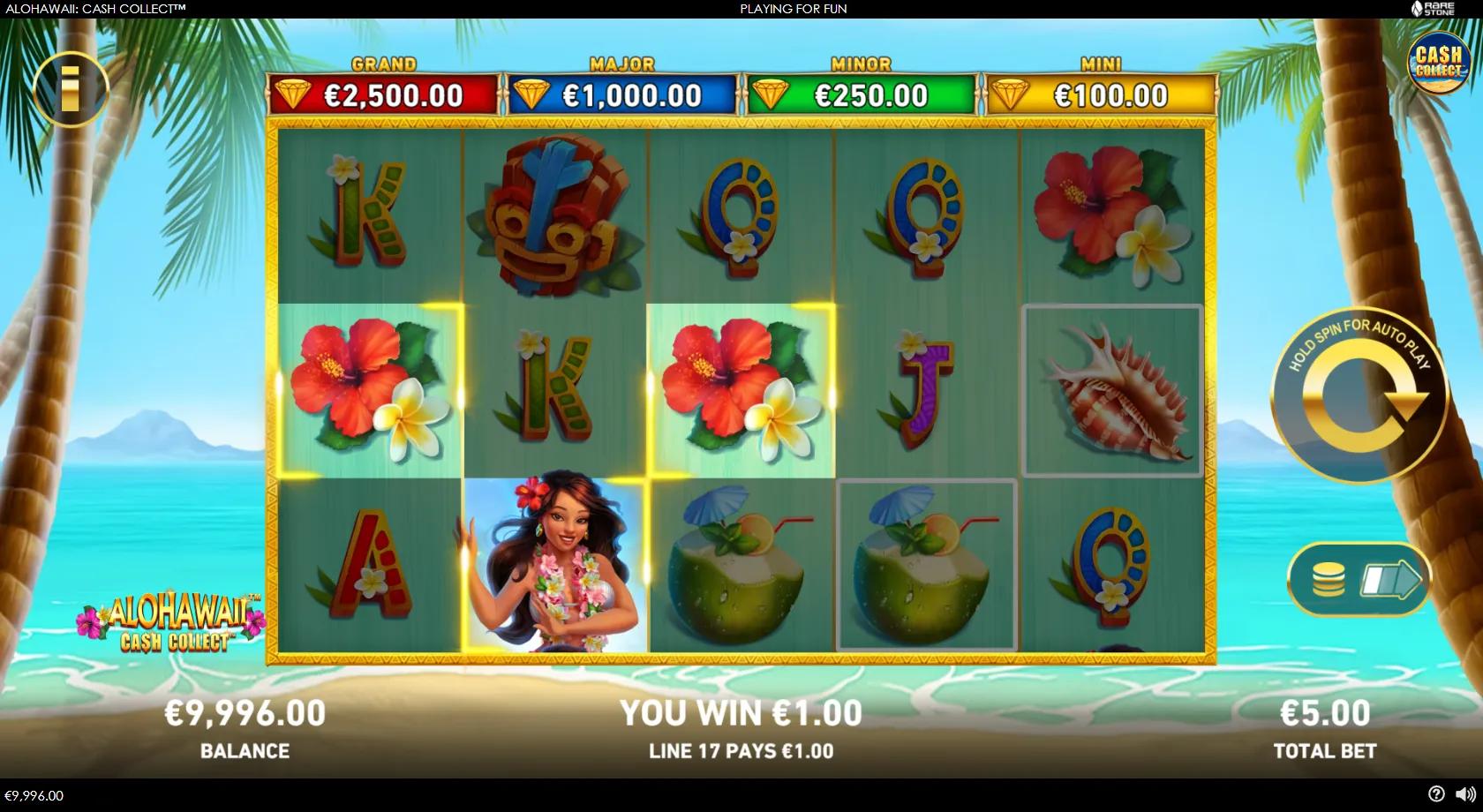 Alohawaii: Cash Collect gameplay showing 5x3 tropical reels with gold cash coins and four jackpots