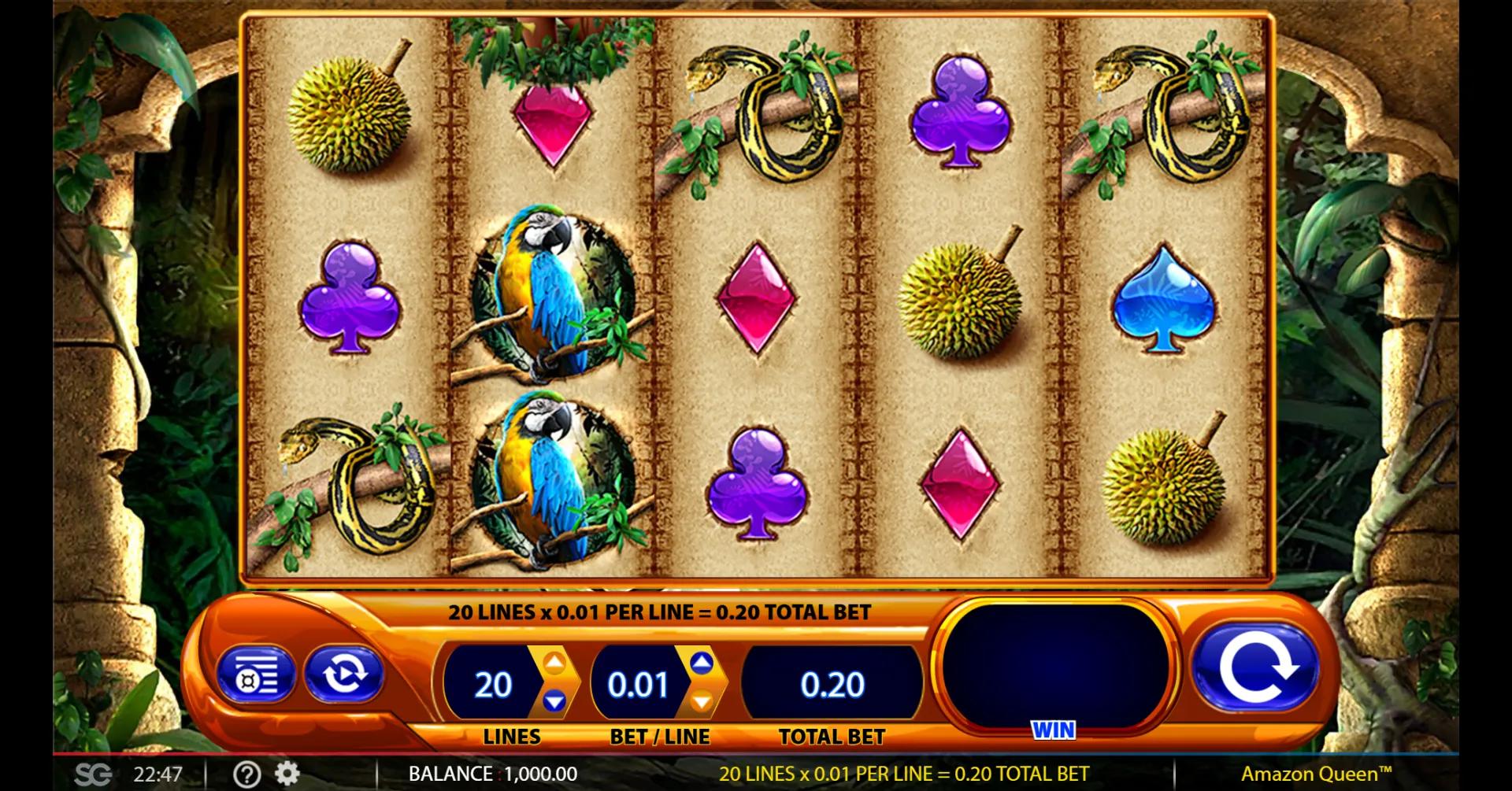 Amazon Queen 5x3 jungle-temple reels with Queen, Gorilla, Parrot and gem card symbols across 20 paylines, stacked Wild.