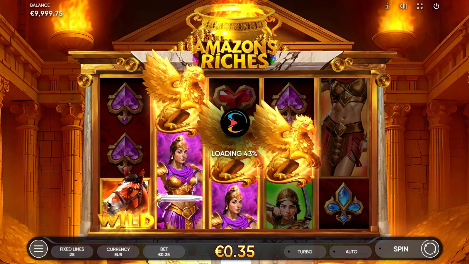Amazons Riches slot gameplay showing the 5x3 reels with gem symbols, stacked Amazon warriors and a flaming horse Wild