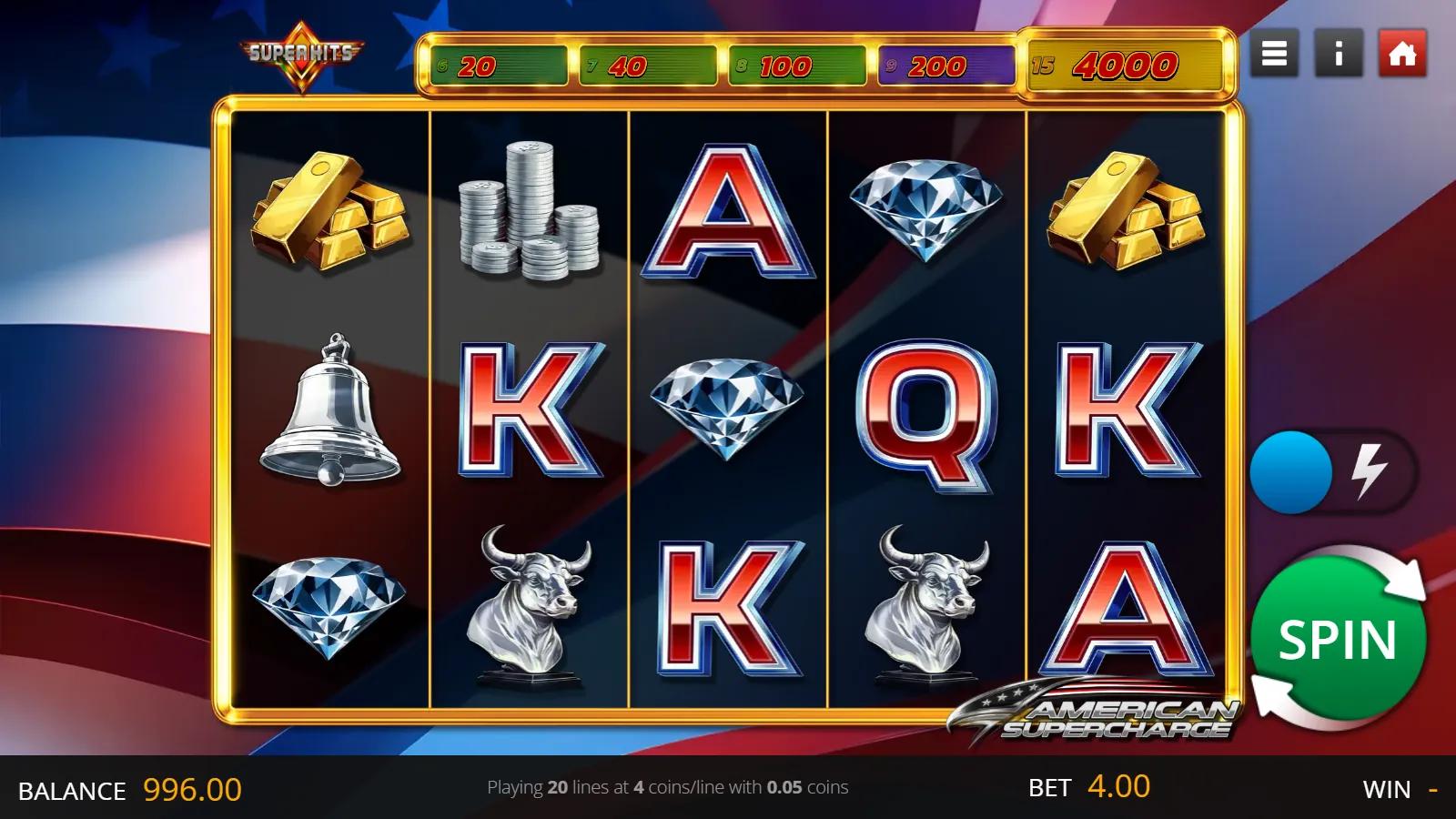 American Supercharge slot gameplay showing the 5x3 grid with gold bars, diamonds, silver bull and patriotic card symbols on a US-flag backdrop