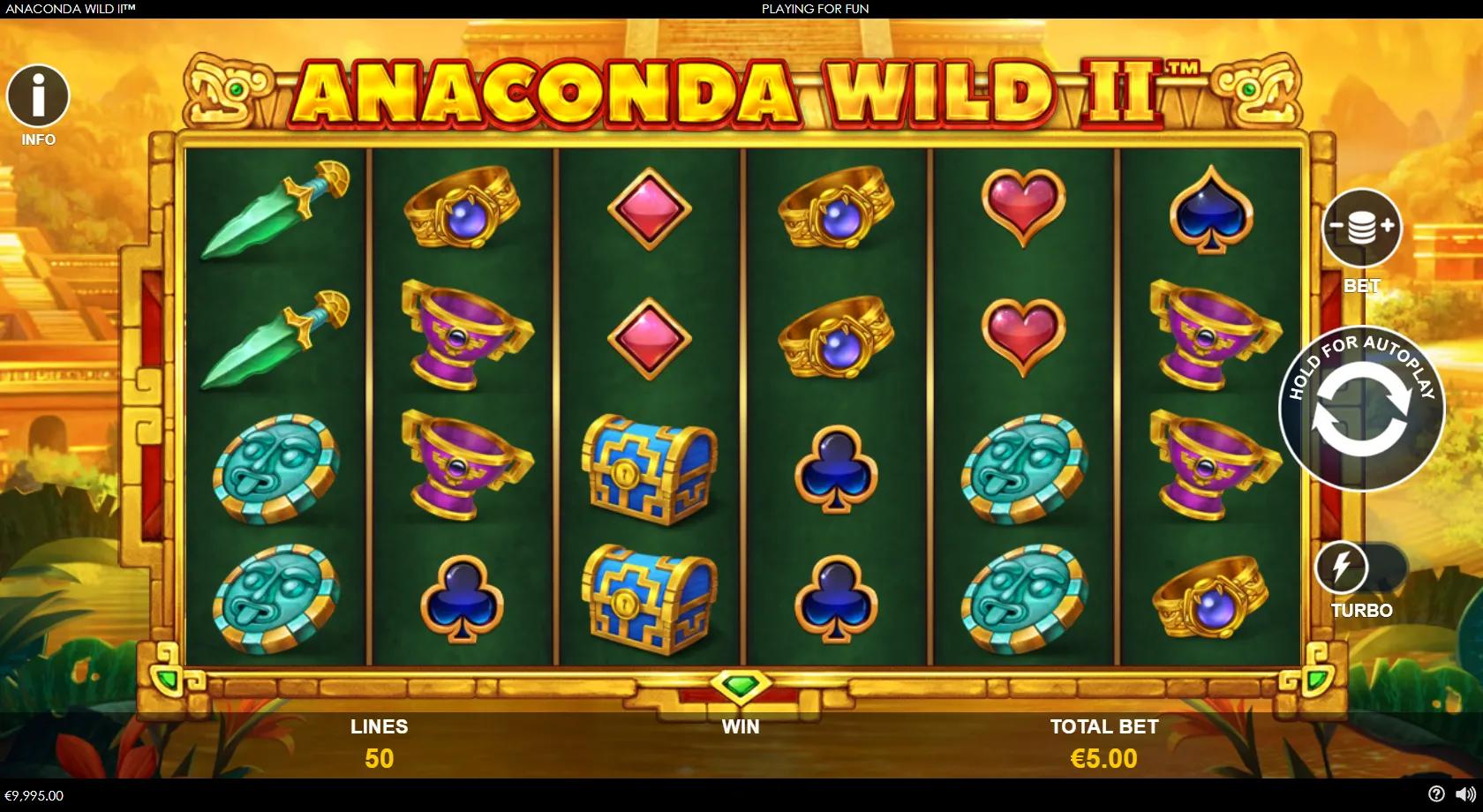 Anaconda Wild II gameplay showing 6x4 grid with Aztec priestess, treasure chest, jade mask and dagger on 50 paylines