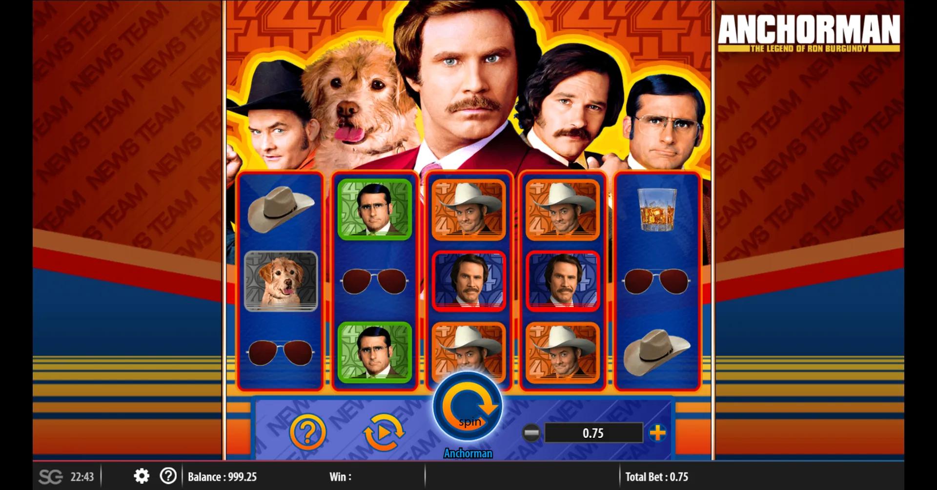Anchorman slot gameplay: 5x3 grid with the "This Is A Wild" symbol substituting on reel 4 in the 1970s newsroom layout.