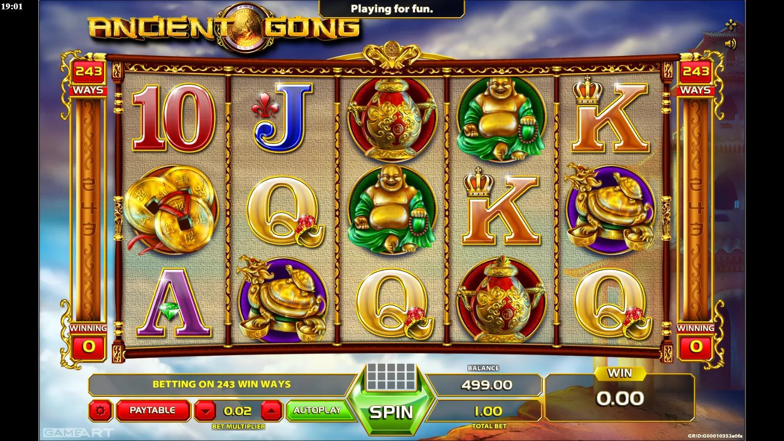 Ancient Gong slot gameplay showing the 5x3 grid with a laughing Buddha, money frog, gong and coin symbols across 243 ways