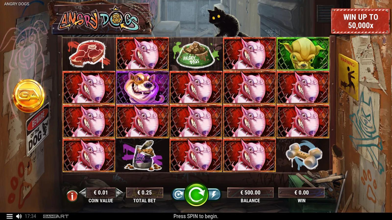 Angry Dogs slot gameplay showing the 5x4 junkyard grid with snarling street dogs, steak, bone and money-bag symbols