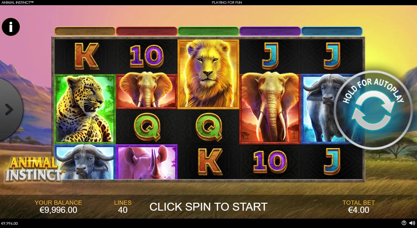 Animal Instinct gameplay showing 5x4 savanna reels with Big Five animal symbols and colour feature bars