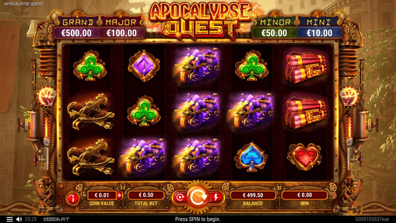 Apocalypse Quest slot gameplay showing the 5x3 reels with crossbow, dynamite and rifle symbols and a four-tier jackpot ladder