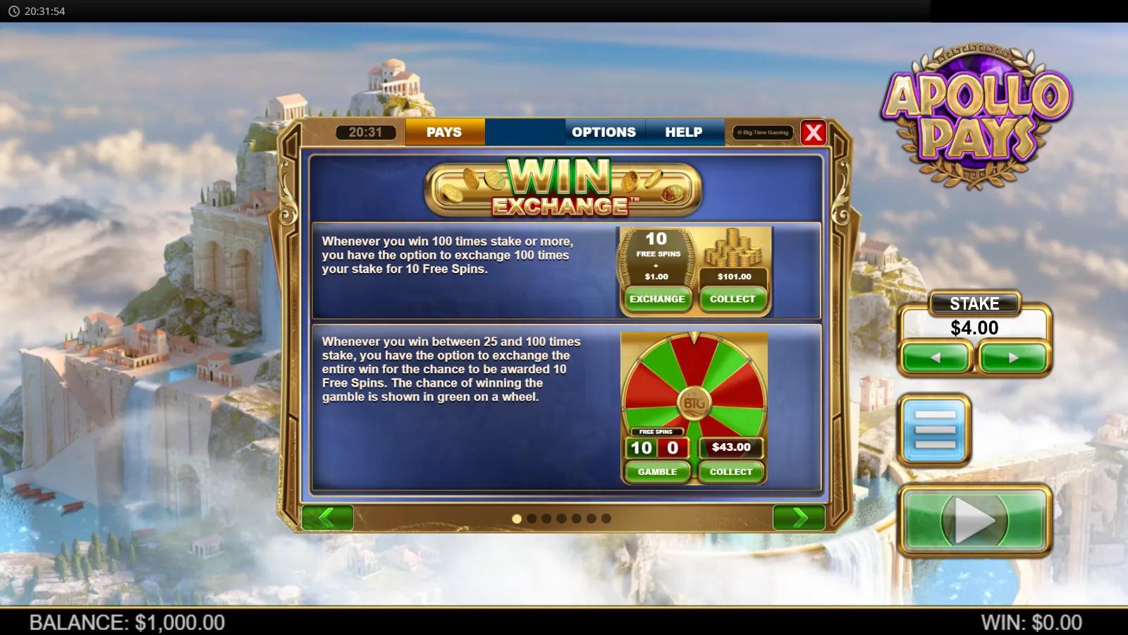 Apollo Pays slot Win Exchange screen showing the 10-Free-Spins exchange and gamble wheel over a Mount Olympus castle