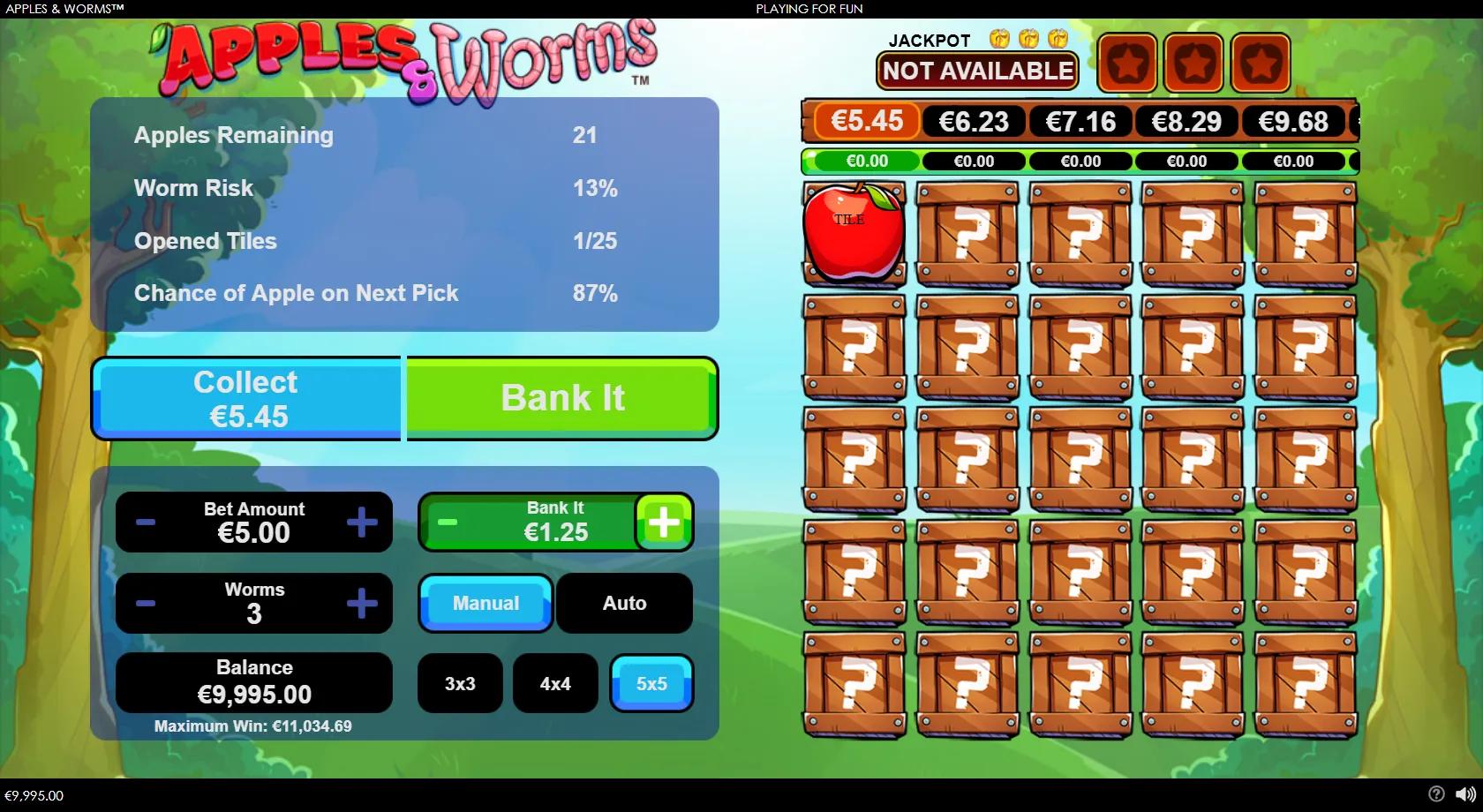 Apples and Worms mines game showing a 5x5 grid of crates with a revealed apple, multiplier ladder and Bank It controls