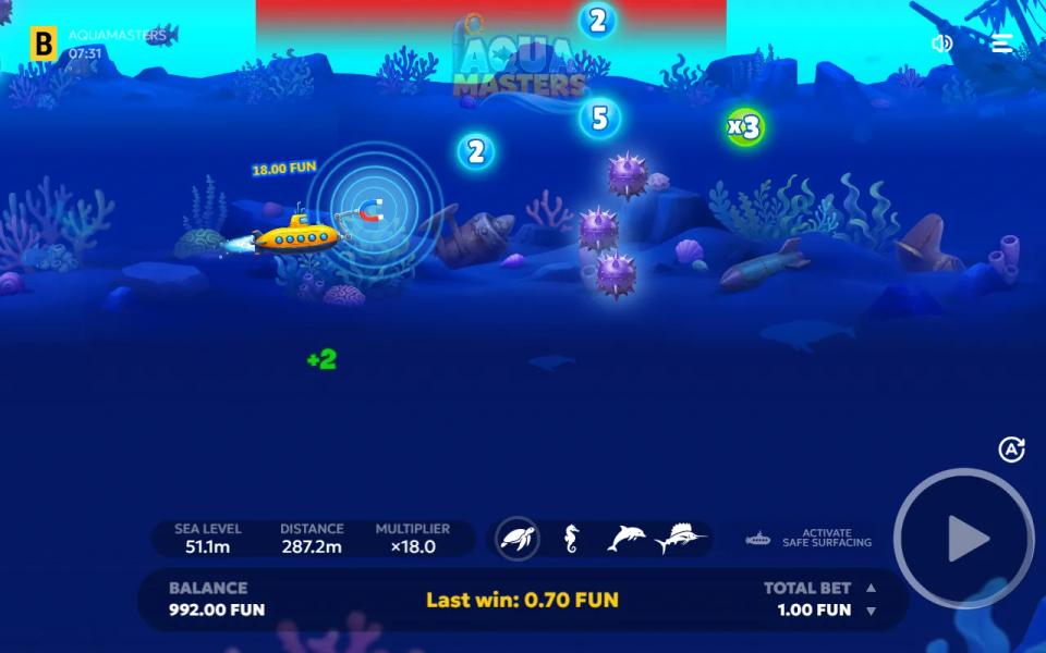 Aquamasters Magnet booster active, rings pulsing in front of the submarine with the meter at x18.0