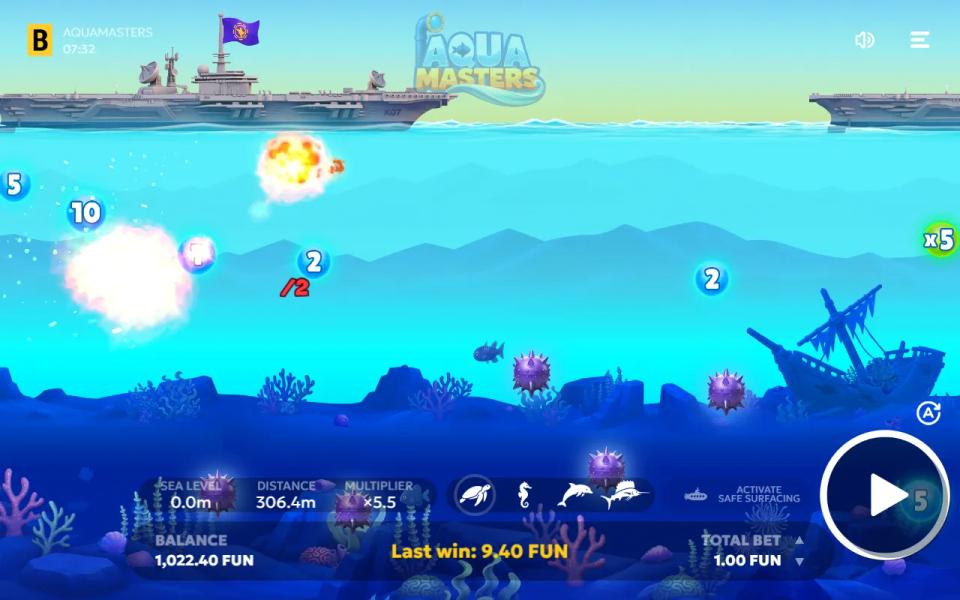 Aquamasters submarine exploding against an aircraft carrier at the surface, meter left at x5.5