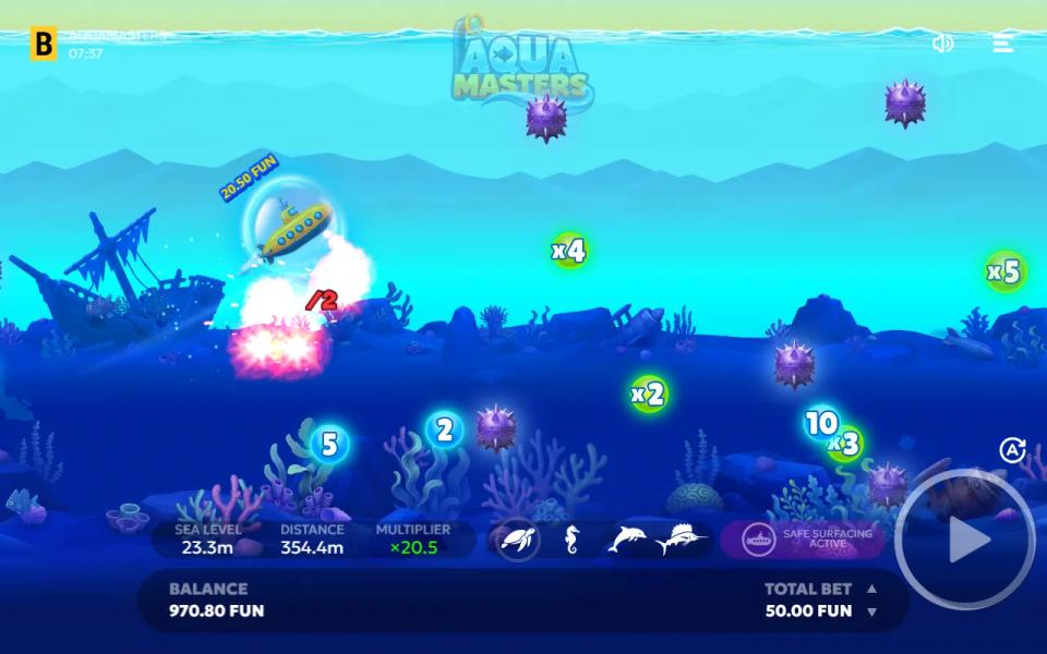 Aquamasters submarine inside the Safe Surfacing bubble hit by a mine, meter halved to x20.5