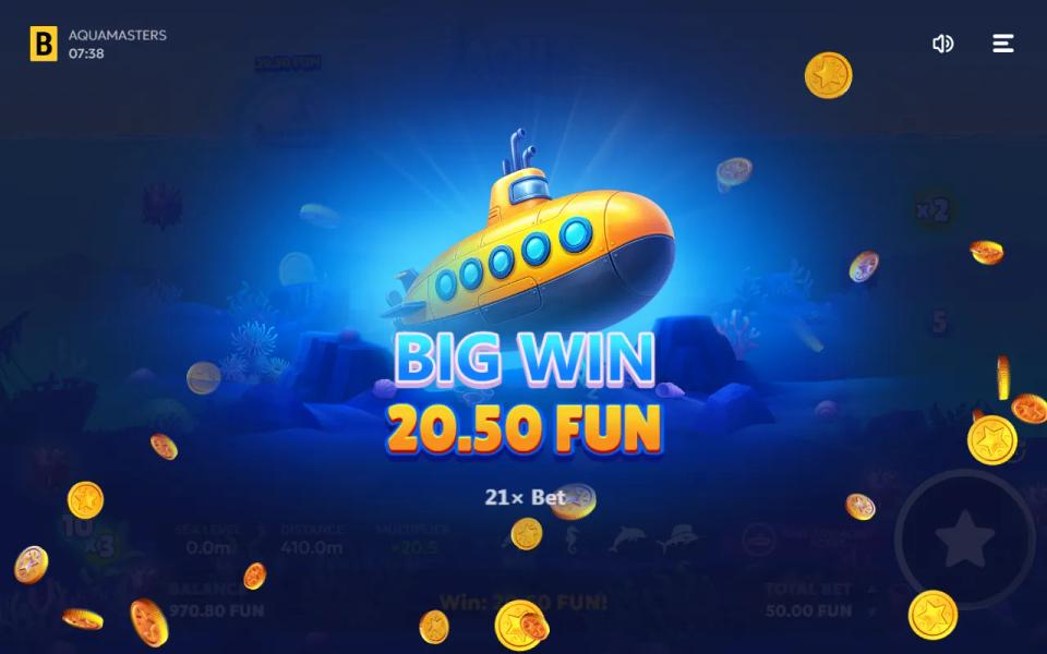 Aquamasters BIG WIN card reading 20.50 FUN and 21x Bet after a Safe Surfacing round