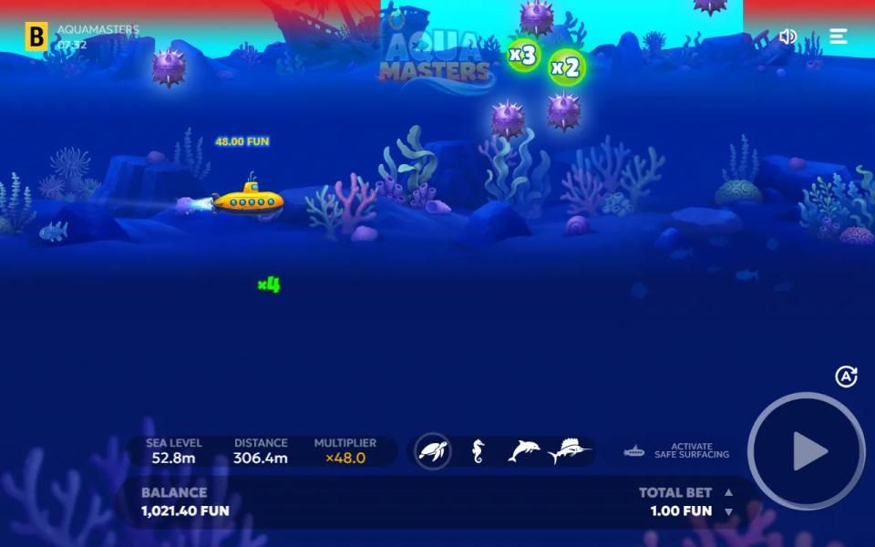 Aquamasters submarine at 306.4 m with the meter at x48.0, mines ahead