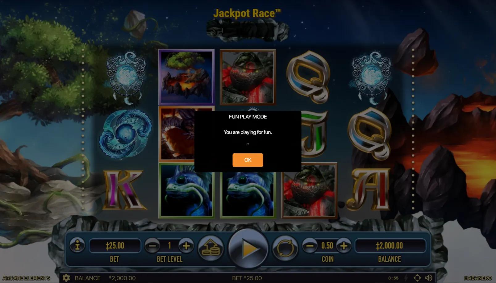 Arcane Elements slot gameplay showing 5x3 grid with elemental mages, dragon and arcane symbols on a wizard-tower backdrop