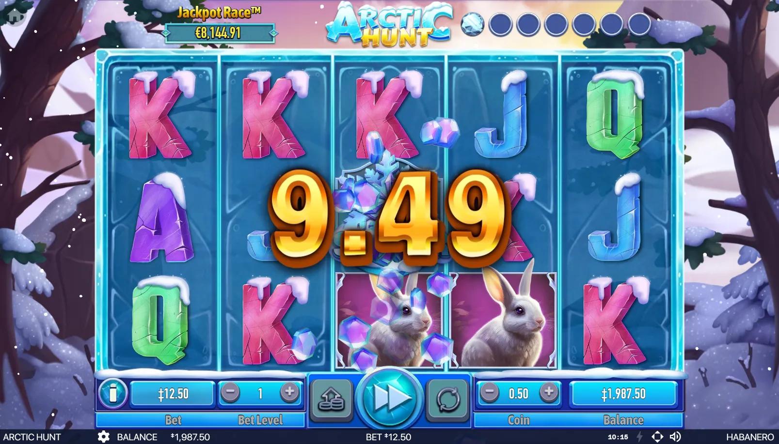 Arctic Hunt slot gameplay showing 5x3 grid with deer, rabbit and fish symbols against a snowy birch forest