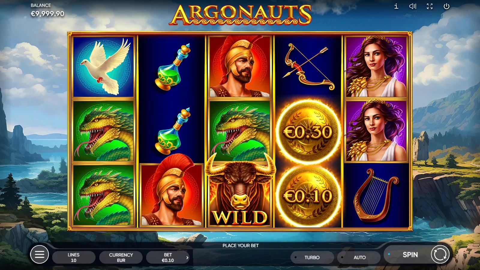 Argonauts slot gameplay showing 5x3 reels with Jason, a green dragon, gold coins and a dove Scatter in a Greek landscape