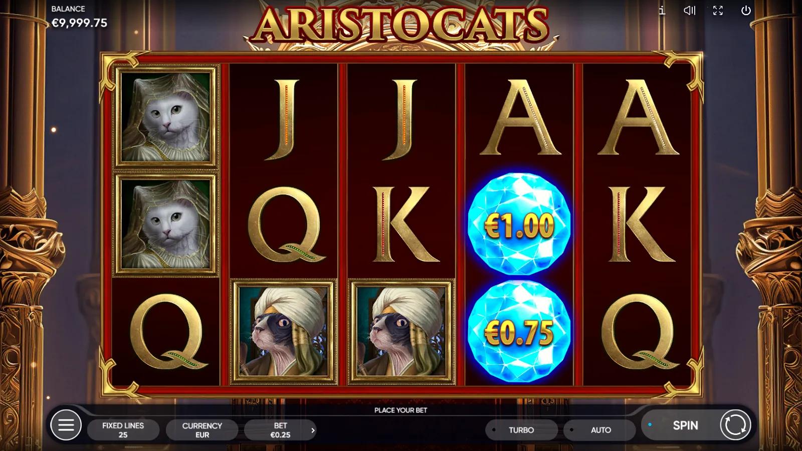 Aristocats slot gameplay showing 5x3 reels with noble cat portraits, gold royals and blue cash-orb bonus symbols