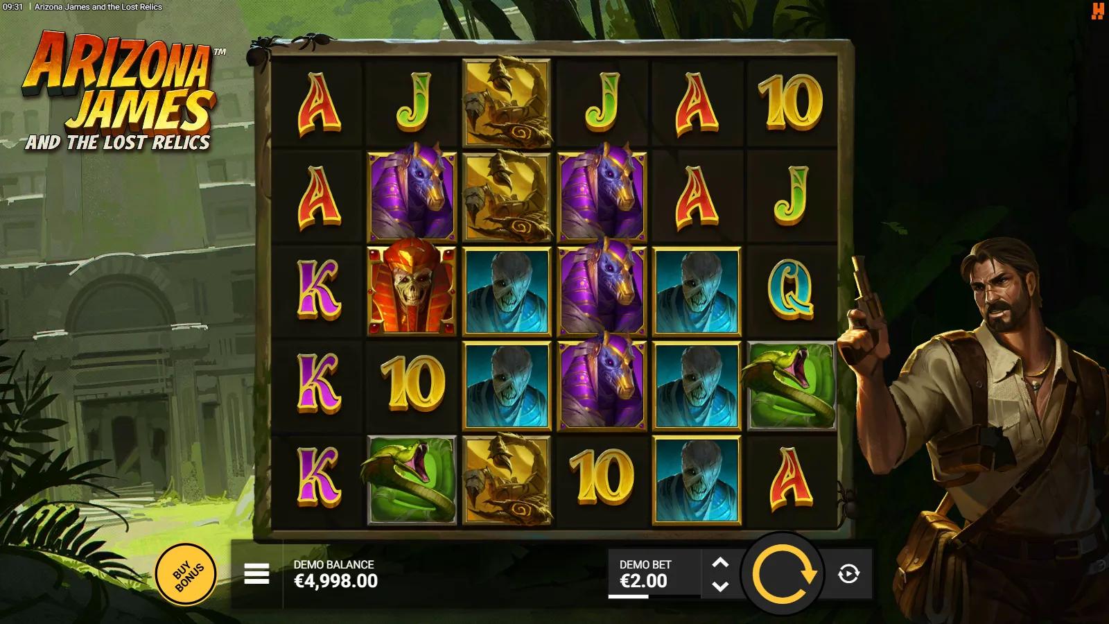 Arizona James and the Lost Relics slot gameplay showing 6x5 cluster grid with idol and card symbols beside the explorer