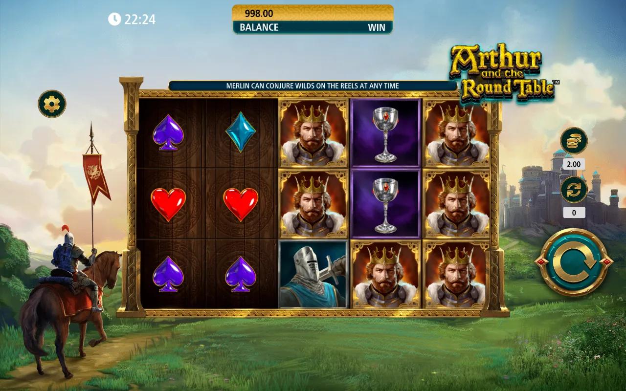 Arthur and the Round Table slot gameplay showing 5x3 grid with Knight and Merlin symbols against a Camelot backdrop