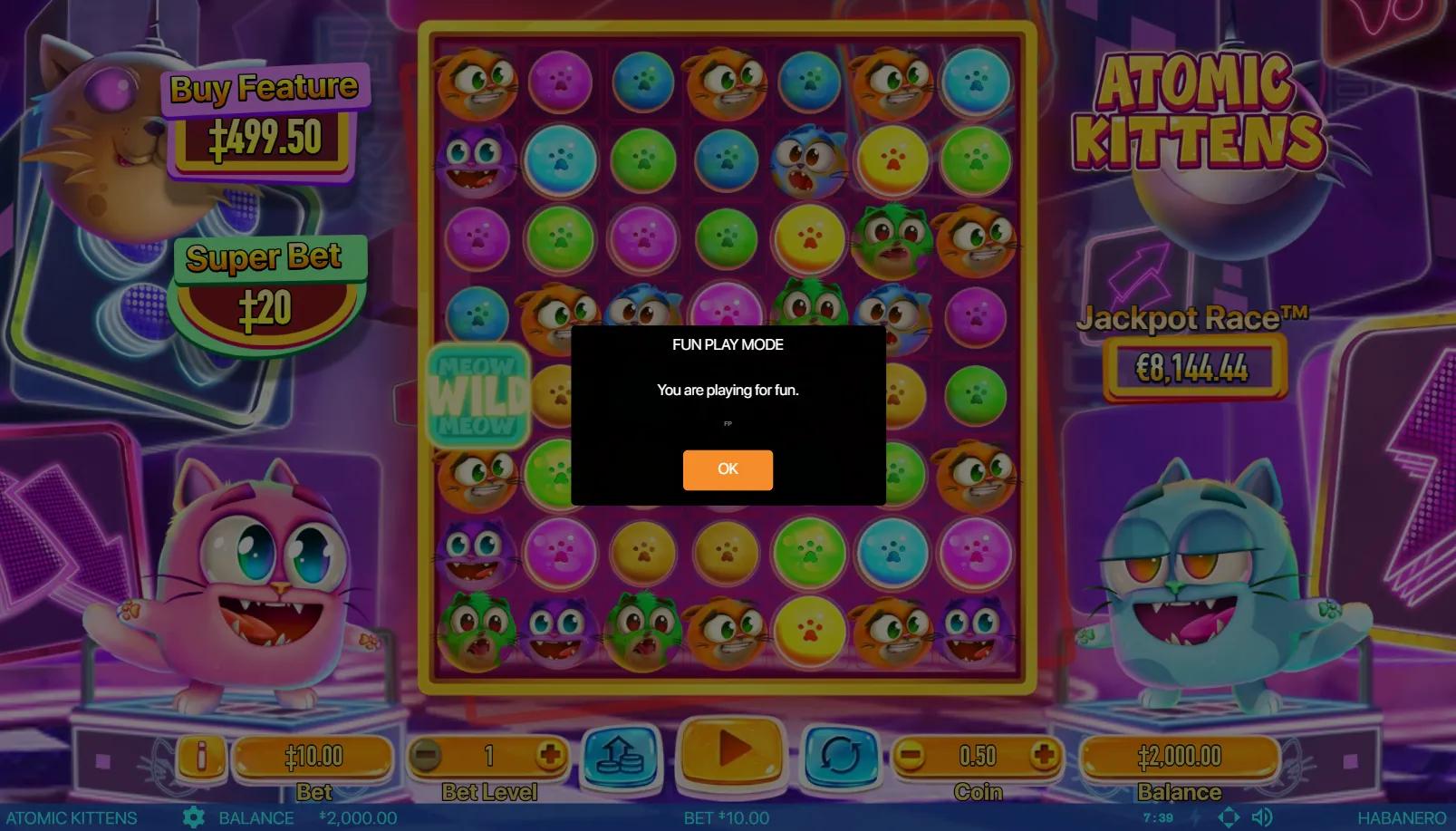Atomic Kittens slot gameplay showing 7x8 cluster grid with kitten symbols and Meow Wild on neon laboratory backdrop