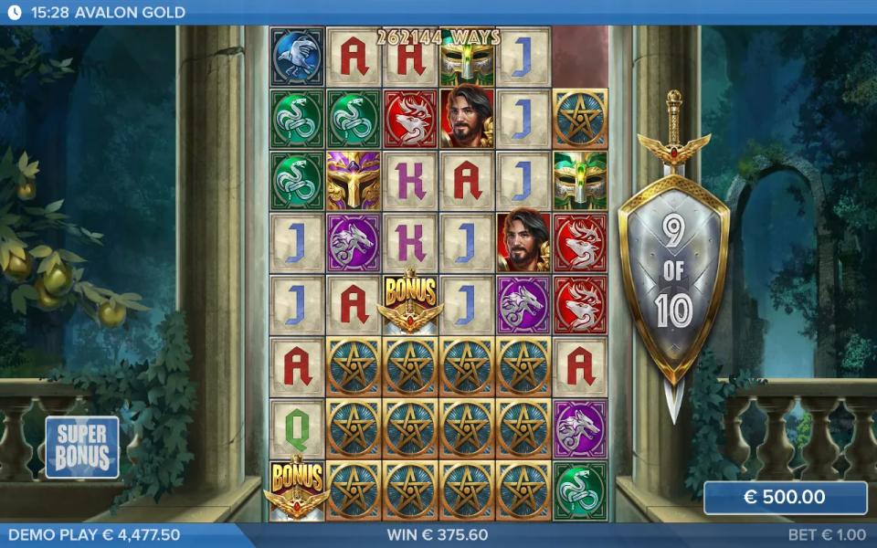 Avalon Gold Super Bonus drop on the full eight-row board at 262,144 ways, with a block of pentagram Mystery Boxes across the lower rows of five reels