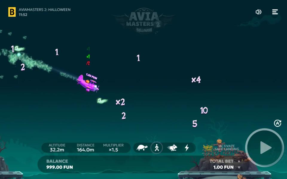 Aviamasters 2 Halloween purple seaplane mid-flight over a night sea, number tokens and x2 and x4 multipliers ahead, ghosts trailing behind and the multiplier meter at the bottom
