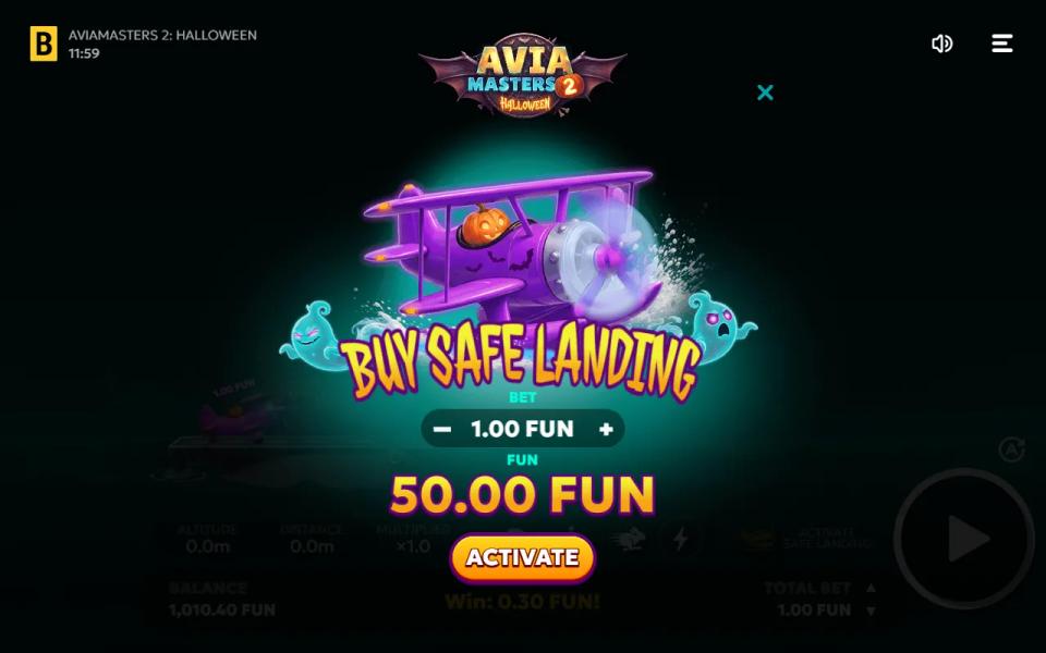 Aviamasters 2 Halloween Buy Safe Landing window with the plane on water skis, a 1.00 bet and a 50.00 price