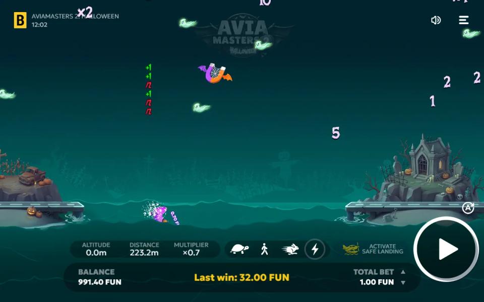 Aviamasters 2 Halloween seaplane splashing into the water short of the castle island, with Safe Landing switched off
