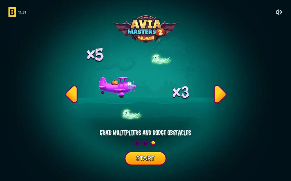Aviamasters 2 Halloween intro slide with the purple seaplane, two ghosts and x5 and x3 multipliers, captioned grab multipliers and dodge obstacles