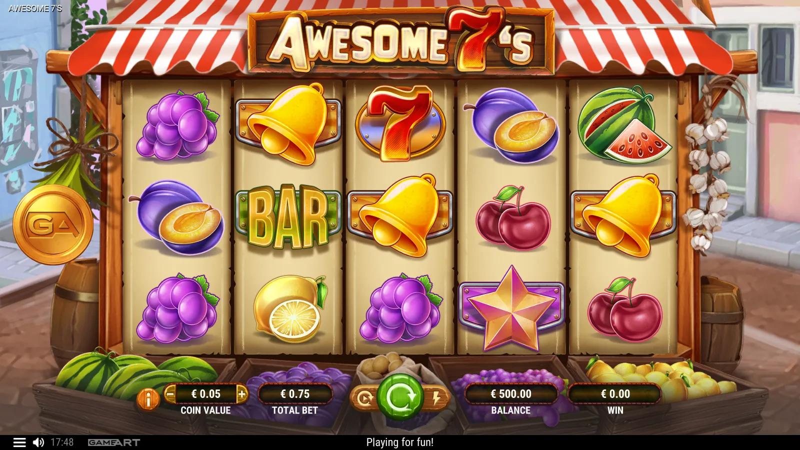 Awesome 7's slot gameplay showing the 5x3 market-stall fruit grid with watermelon, grapes, BAR, bell and red 7 Wild symbols