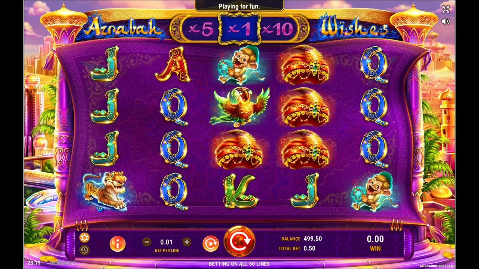 Azrabah Wishes slot gameplay showing the 5x4 reels with Aladdin, a magic lamp, a tiger and a multiplier wheel above the grid