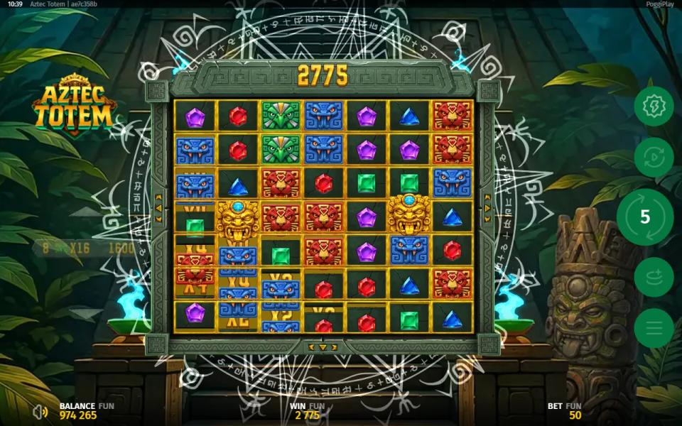 Two gold Totem heads standing on the Aztec Totem grid during the Super Bonus Game