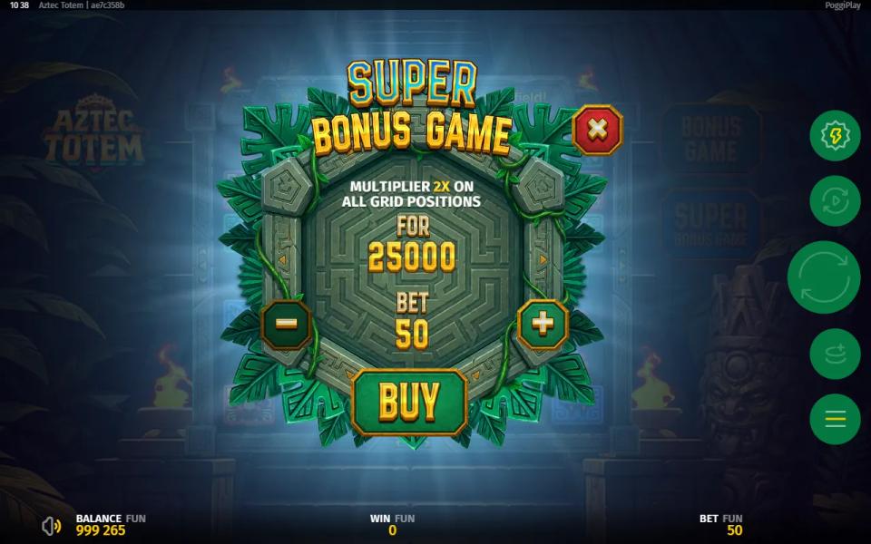 Aztec Totem's Super Bonus Game buy popup promising a 2X multiplier on all grid positions