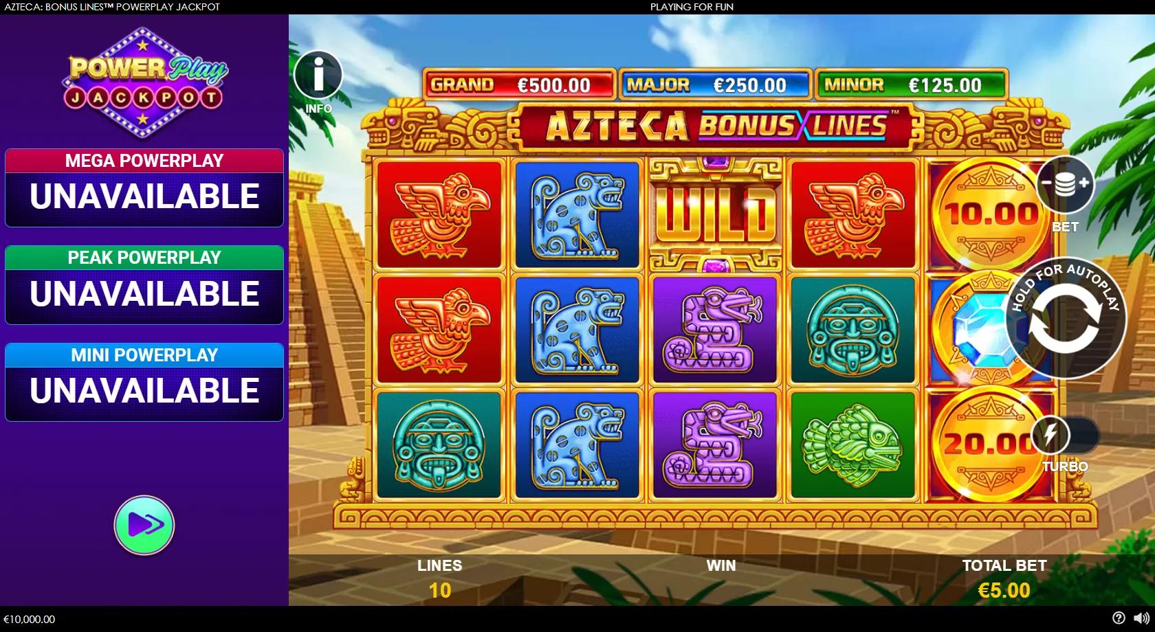 Azteca Bonus Lines PowerPlay Jackpot gameplay showing 5x3 Aztec reels with eagle and jaguar symbols and jackpots