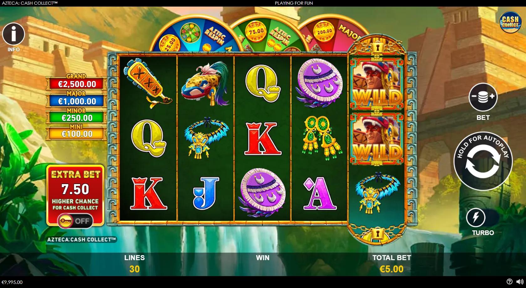 Azteca: Cash Collect gameplay showing 5x3 reels with gold cash coins, a warrior Wild and three bonus wheels