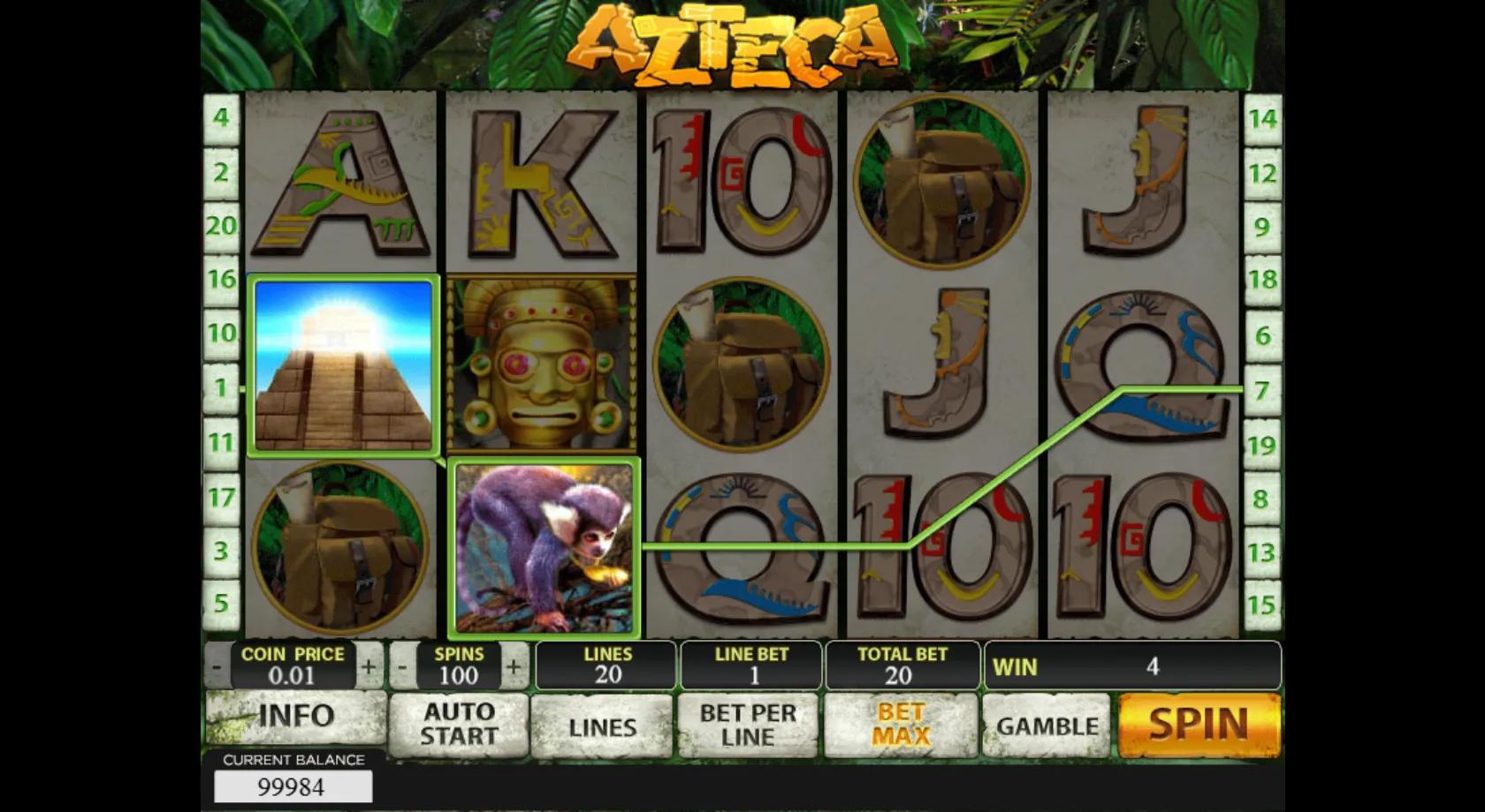 Azteca slot gameplay showing 5x3 grid with golden pyramid, Aztec idol mask, monkey and backpack symbols on 20 paylines