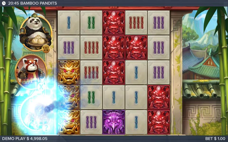 Bamboo Pandits base game with a smoke bomb Loot symbol streaking towards the raccoon Pandit medallion on the left