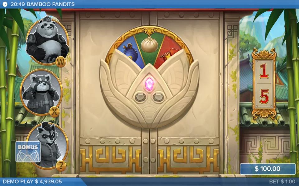 Bamboo Pandits bonus intro picker showing three loot segments inside a lotus, with the three Pandit medallions unlit