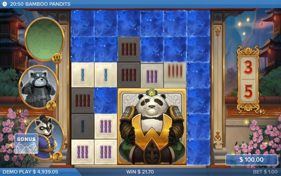 Bamboo Pandits Bonus Game on the expanded six-by-six grid with a three-by-three Big Wild covering the centre reels at dusk