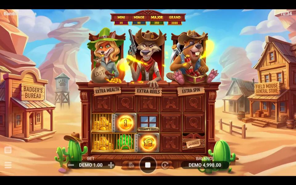 Bandit Bonanza base game in a cartoon Wild West street: a fox, a wolf and a beaver bandit above the 5x3 reels, two gold Bonus coins on the board and the wolf and beaver lit
