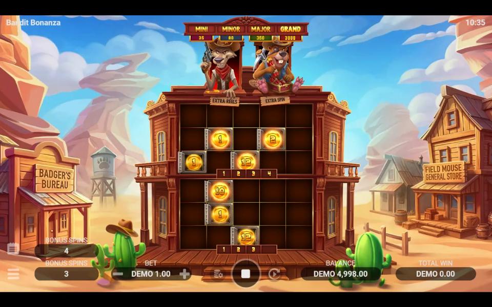 Bandit Bonanza Bonus Game with two stacked 5x3 grids of gold coins and blanks, each grid with its own respin counter