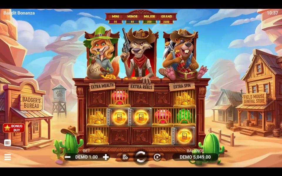 Three coloured Bonus coins on the Bandit Bonanza base reels with no bonus starting