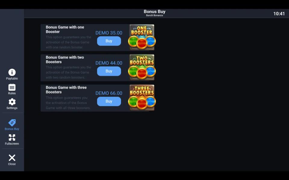 Bandit Bonanza Bonus Buy menu with three options: one booster, two boosters and all three boosters