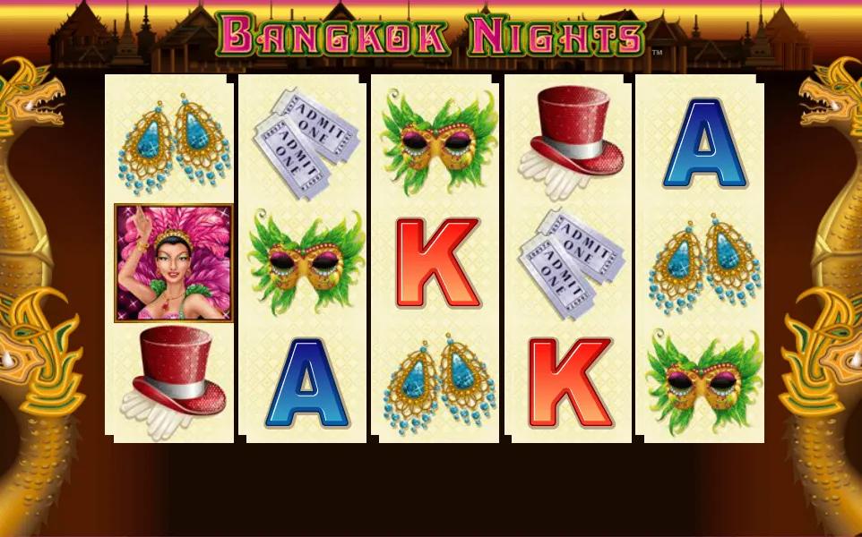 Bangkok Nights slot gameplay showing 5x3 25-line grid with Girl Wild, masquerade masks and red top hat symbols