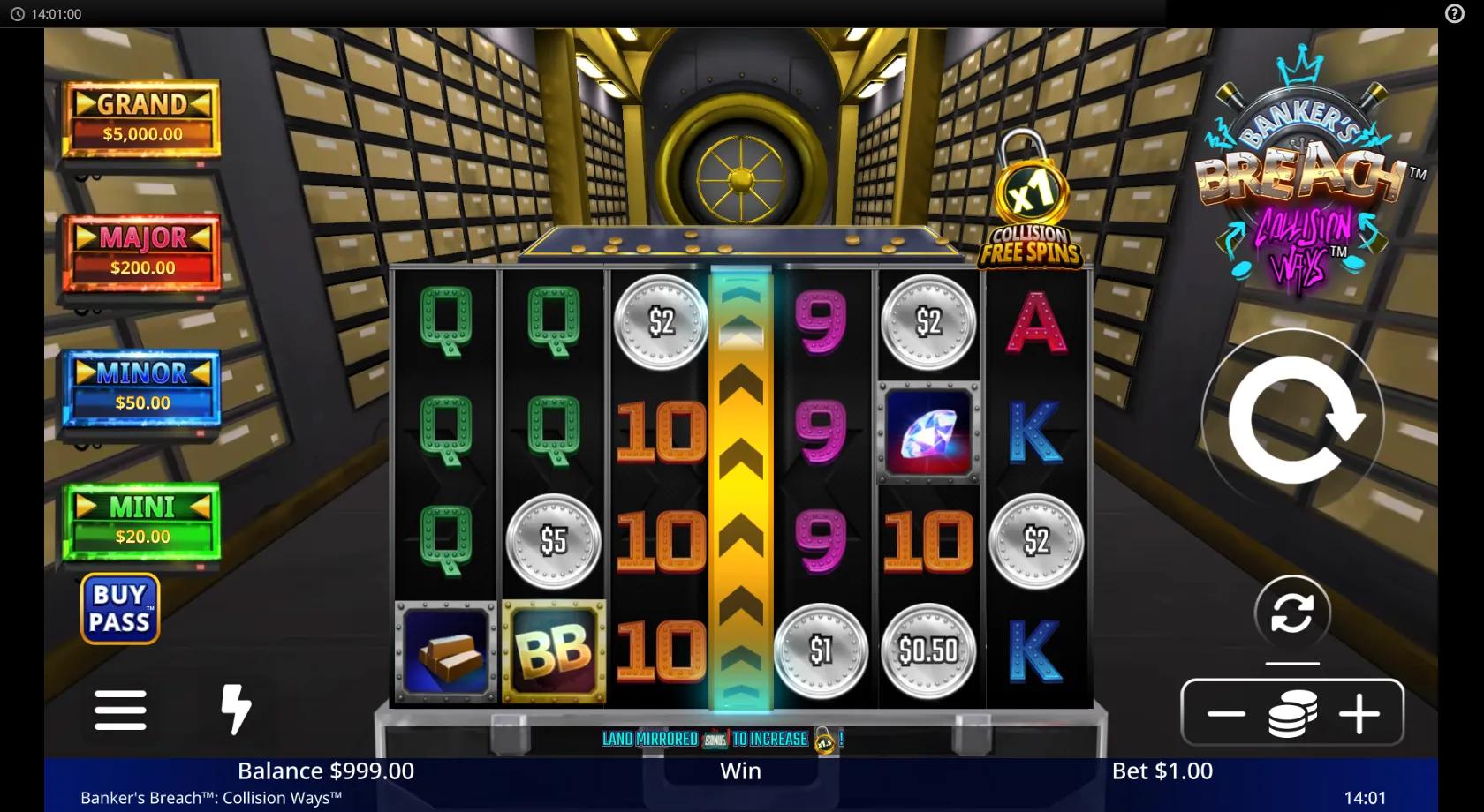 Banker's Breach Collision Ways gameplay showing the 6x4 vault reels with Cash Coins and the central Collision Line