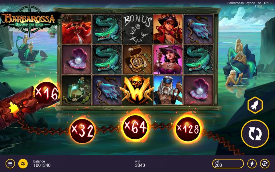 A cascade in progress with a golden wild on the middle reel, the multiplier chain lit through x16 and x32, x64 and x128 glowing ahead, and 3,340 coins in the win box.