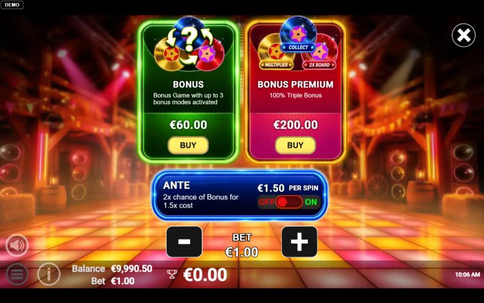 Barn Beats buy menu with BONUS at 60x, BONUS PREMIUM at 200x and the ANTE at 1.5x per spin