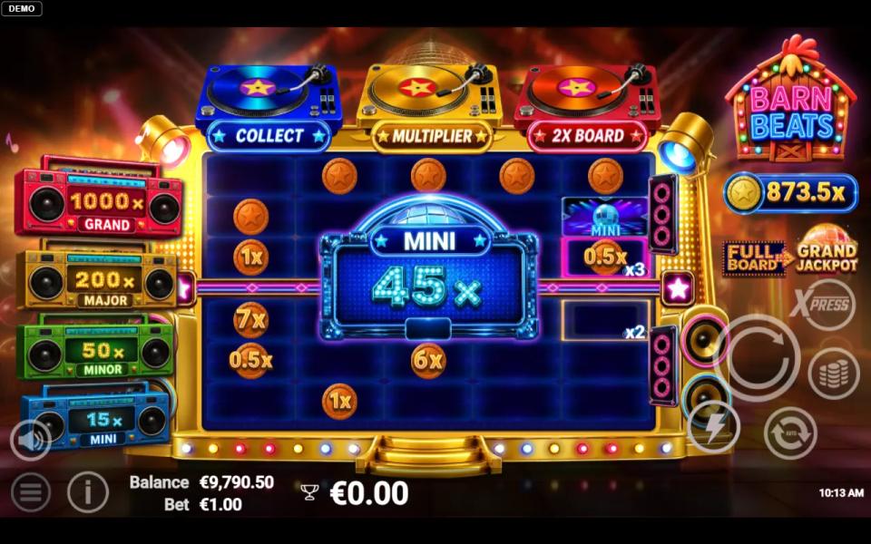 Barn Beats final count showing the 15x Mini jackpot counted as 45x inside a x3 frame