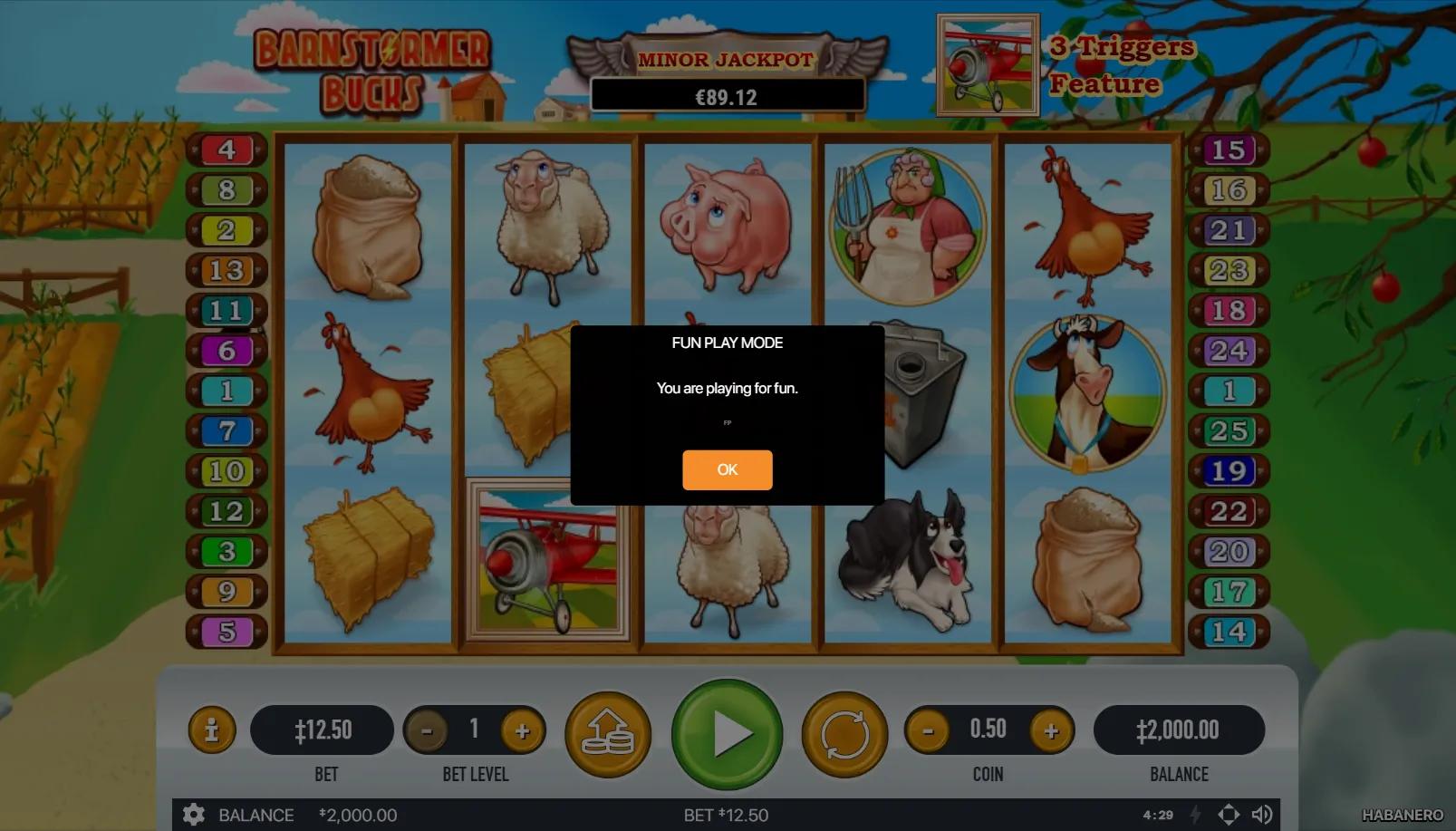 Barnstormer Bucks slot gameplay showing 5x3 grid with farmer, sheep, pig, cow and biplane symbols on a vintage Americana farm backdrop