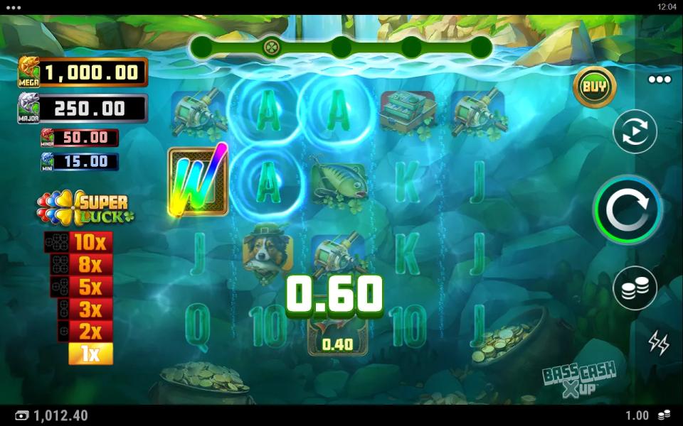 Bass Catch Super Luck base game on a five-by-four river board, a rainbow Wild on reel 1 joining three Aces for a small win, jackpot panel and X Up multiplier ladder on the left